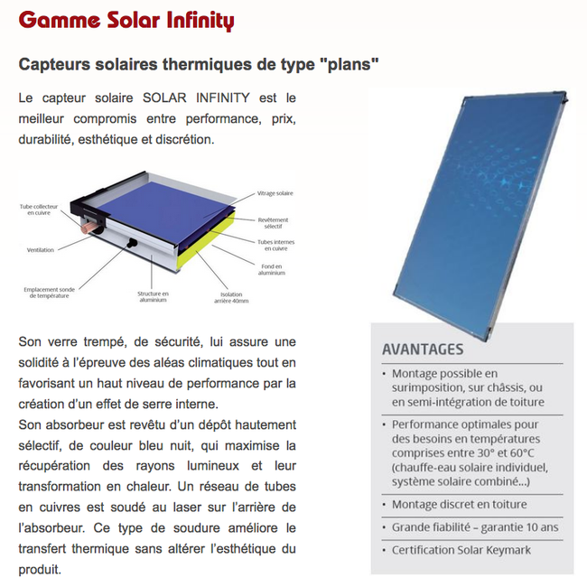 Panneau solaire - Capteur Infinity - Presso - Matic - Auto-vidangeable - Sous pression - Certification Solar Keymark - FK 7300 - FK 8200 - Solar Infinity Technologie