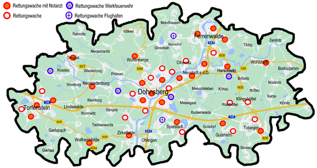 Verteilung von Rettungswachen und Außenstellen des Rettungsdienstes im Landkreis Dohnsberger Land