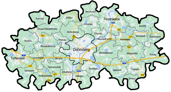 Karte der Städte und Gemeinden des Landkreises Dohnsberger Land