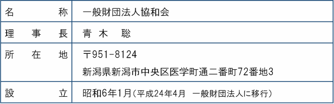 名称　一般財団法人協和会　理事長　青木聡　所在地　〒951-8124　新潟県新潟市中央区医学町通二番町72番地3　設立　昭和6年1月(平成24年4月　一般財団法人に移行)