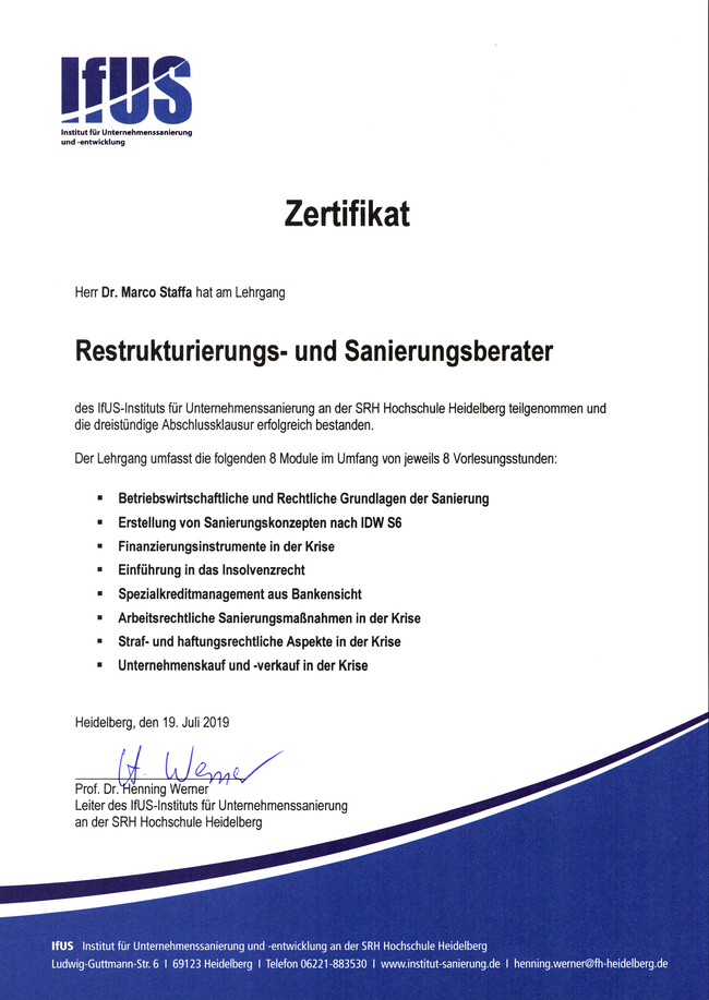 Zertifikat Restrukturierungs- und Sanierungsberater Ifus Institut