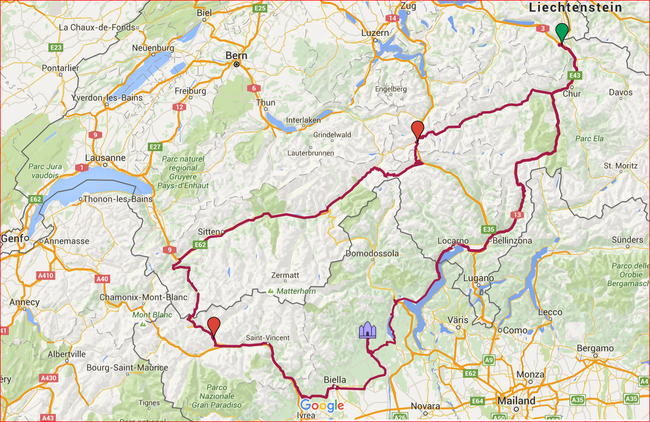 Vilters-Oberalp-Gotthard-Bedretto-Nufenen-Goms-Martigny-Grosser Sankt Bernhard-Aosta-Sacro Monte di Varallo-Lago Magiore-San Bernhardino-Vilters