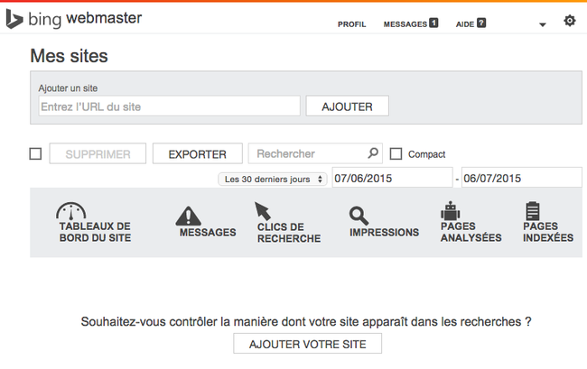 Capture d'écran de la page d'accueil de Bing Webmaster.