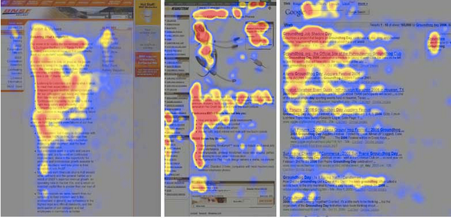 Balayage visuel de lecture en F illustré avec la carte de chaleur Jakob Nielsen’s Alertbox : F-Shaped Pattern For Reading Web Content