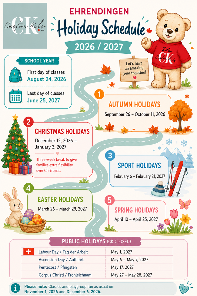 Custom Kids Ehrendingen 2026–2027 holiday schedule showing term dates, school holidays, and public holiday closures.