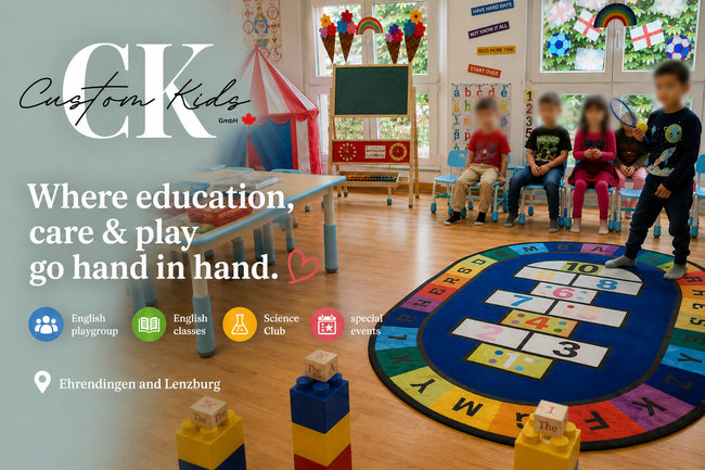 Children enjoying a fun English lesson at Custom Kids in Ehrendingen, Switzerland. Native English-speaking teachers provide play-based English learning in a bright classroom with games, reading and interactive activities for children aged 2–14.