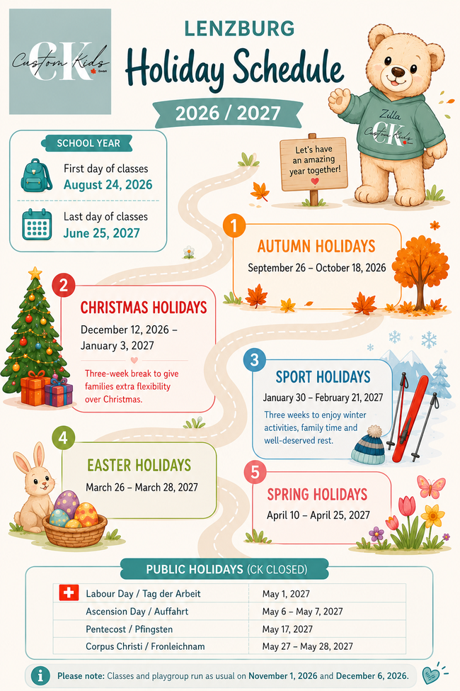 Custom Kids Lenzburg 2026–2027 holiday schedule showing school holidays, term dates, and public holidays.