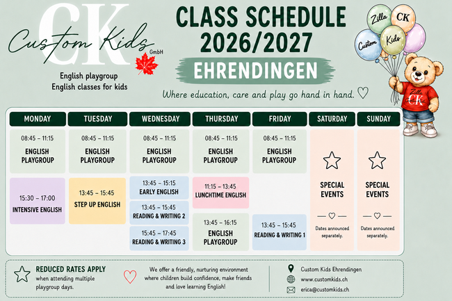 Custom Kids Ehrendingen Class Schedule 2026/2027. Weekly timetable showing English Playgroup Monday to Friday from 08:45–11:15. Intensive English on Mondays from 16:00–18:00. Step Up English on Tuesdays from 13:45–15:45. Early English on Wednesdays from 1
