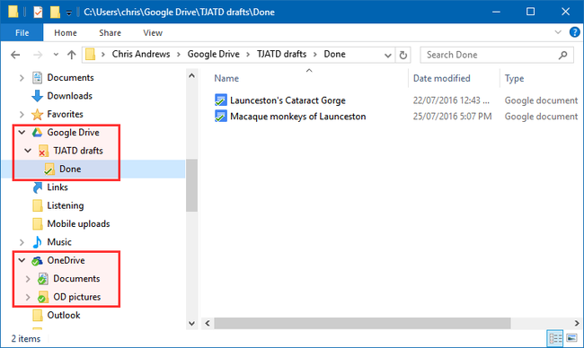 Cloud-drive folders (in the red boxes) on my Windows 10 Explorer window