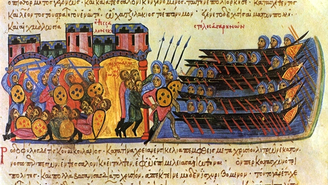 Le sac de Thessalonique par les Arabes dirigés par Léon de Tripoli en 904 - manuscrit Skylitzès de Madrid. par les pirates arabes au sein de la mer Égée sous le règne de Léon VI. Temple de Paris