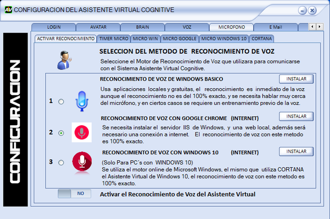 VENTANA DE SELECCION Y CONFIGURACION DEL MICROFONO DEL ASISTENTE VIRTUAL