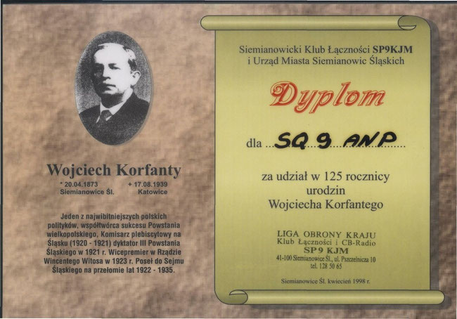 DYPLOM - WOJCIECH KORFANTY 125 ROCZNICA URODZIN