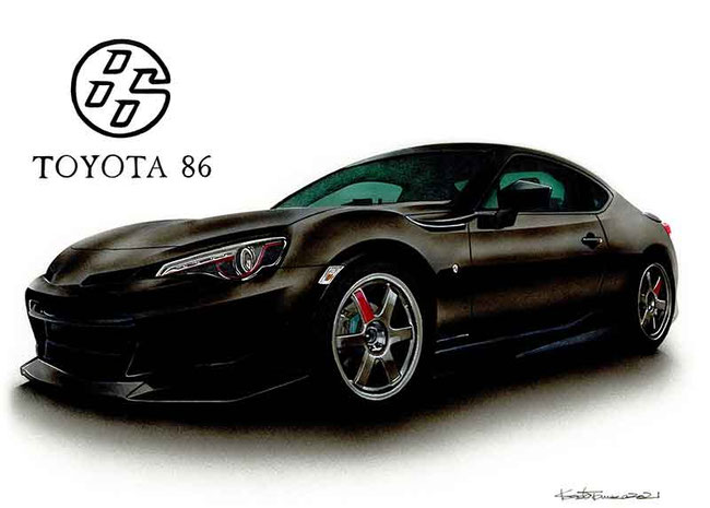 似顔絵オーダー　A3 家　車　6名様 トヨタ、ゼロクラウンに乗った車入り似顔絵、プレゼントにも最適