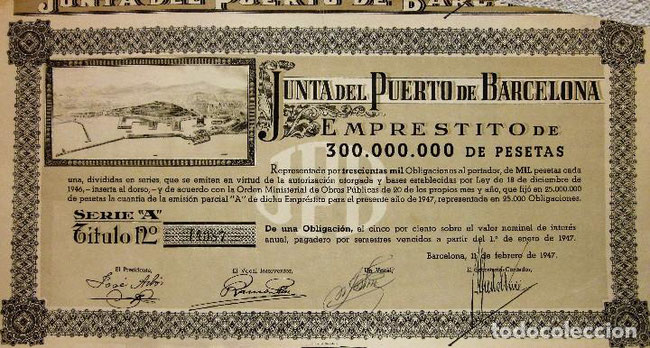 TÍTULOS ESPAÑOLES (ACCIONES ANTIGUAS) JUNTA PUERTO DE BARCELONA - AÑO 1.947 (14€).