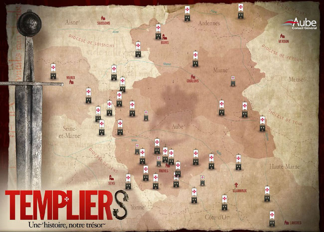 Carte des commanderies de l'Ordre du Temple et les sites Templiers dans le comté de Champagne et de Brie. Temple de Paris