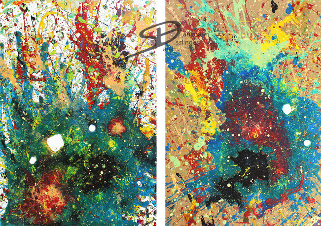Sarah Esslinger-Dahlmann, Explosionen (zweiteilig), Oktober 2019, 50 x 100 cm bzw. gesamt 100 x 100 cm, Acrylfarbe, Mischtechnik auf Pappe, abstraktes, kraftvolles, farbintensives Werk, Hintergrund weiß und natur, grün-blaue Explosionen, weiß, gelb, rot 