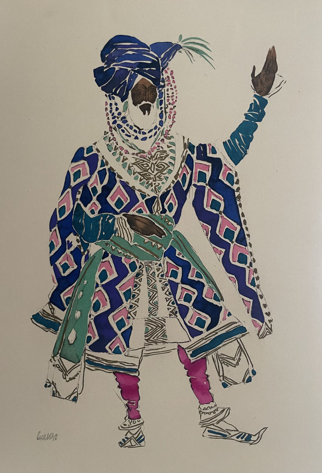 Léon Bakst, Le sultan, 1928, rehaussées d'aquarelle et gouache, signé dans la planche 32,5 x 25 cm , galerie Agnès Thiébault, paris