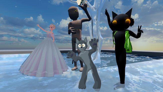 the bride is distracted. from left to right chri5py, kathav, unreal.actor and retani in “Sunset Wedding”, one of the wedding worlds in VRChat (selfie, 19.10.2020)