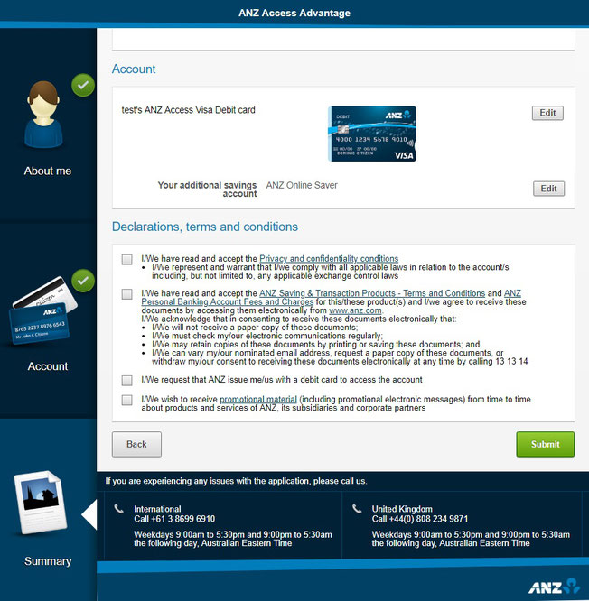 ANZ オンライン口座開設 - 申請画面