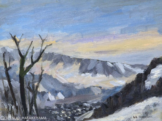 【真作】絵画　畠山哲雄　水彩（色紙）　冬・夕張丘　冬の静寂　山岳の美　T140 真作】絵画 畠山哲雄 水彩（色紙） 冬・夕張丘 冬の静寂 山岳の