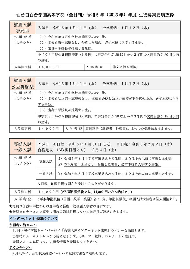 仙台白百合学園高校,募集要項