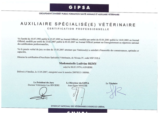 2007 Diplôme d'Auxiliaire Spécialisée vétérinaire (GIPSA)
