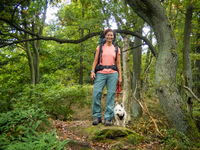 Wanderin mit Hund bei einer Wanderung durch einen grünen, naturbelassenen Wald in Baden-Württemberg