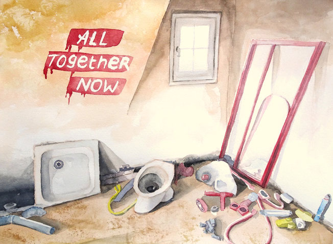 Aquarellbild "All together now": alte Sanitärgegenstände wahllos im Rohbau verteilt, darunter eine Toilettenschüssel, eine Duschabtrennung und eine Duschwanne