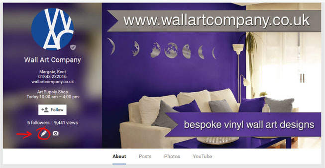 www.wallartcompany.co.uk Wall Art Company Google+ page with write a review pencil icon highlighted.