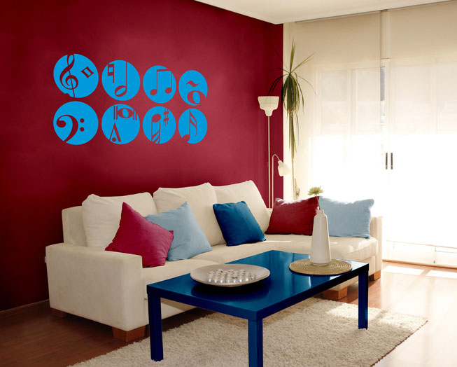 Set of 8 musical circles with symbols and notes within the circles. Wall art decal for enhancing your living room. From www.wallartcompany.co.uk