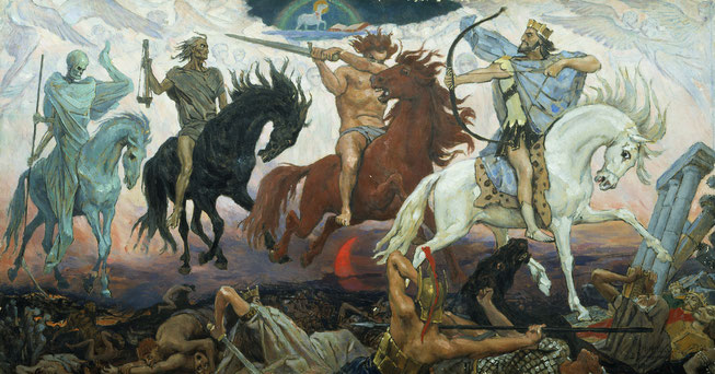 Les 4 cavaliers de l'Apocalypse annoncent la venue de Jésus-Christ, de la guerre, de la famine et de la mort.