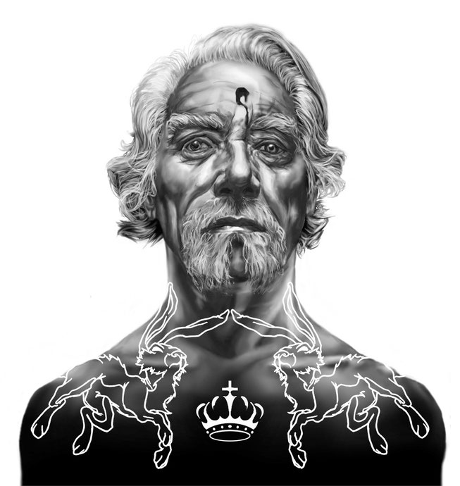 Kreuz König mit Hasen und Kronen Tätowierungen. Digitale Illustration für Pokerkarten von Rumi Benecke