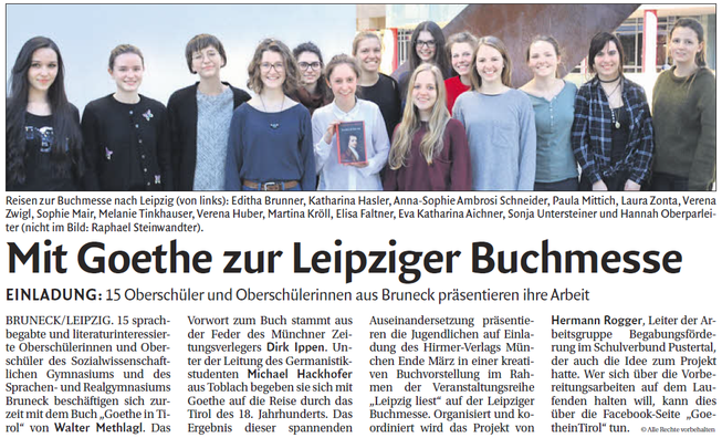 Mit Goethe zur Leipziger Buchmesse, Bericht Tageszeitung Dolomiten 03. März 2017