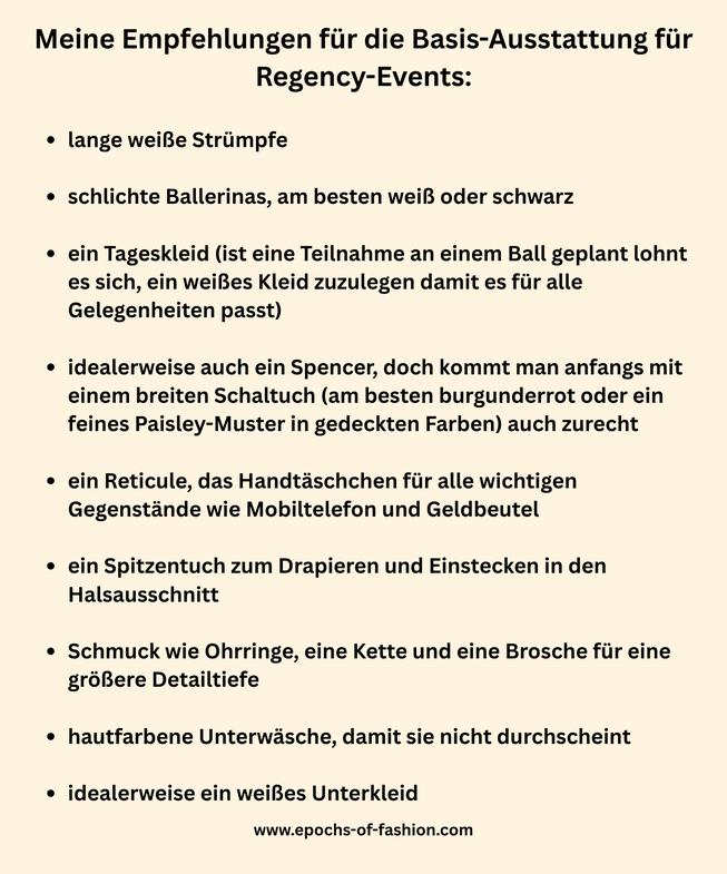 Textgrafik "Meine Empfehlungen für die Basis-Ausstattung für Regency-Events", Epochs of Fashion