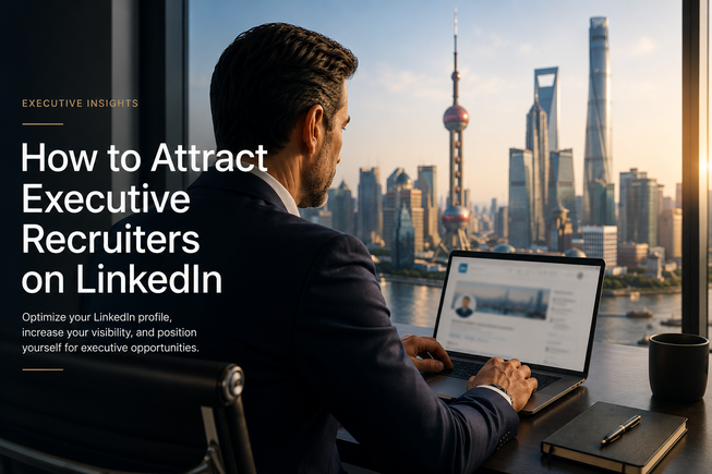 Senior executive using LinkedIn to increase visibility to executive recruiters in China, with the Shanghai skyline representing leadership hiring and executive search.