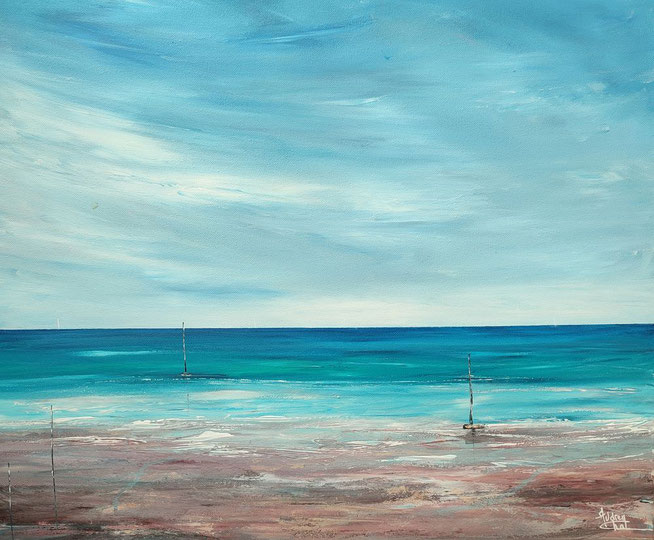 tableau-carre-coucher-de-soleil-sur-ocean-ciel-violet-rose-jaune-phare-mer-Audrey-chal-artiste-peintre-francaise-charente-maritime