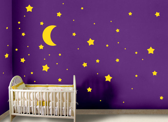 Stars and Moon vinyl stickers, great for nurseries walls, ceilings and children's bedrooms. Many colours available from wallartcompany.co.uk