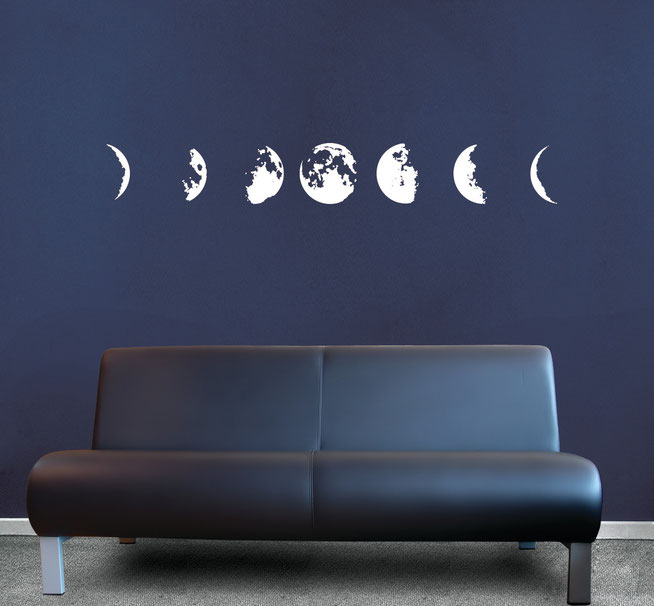 Phases of the Moon vinyl wall art from waxing to full to waning.   Many colours available from wallartcompany.co.uk