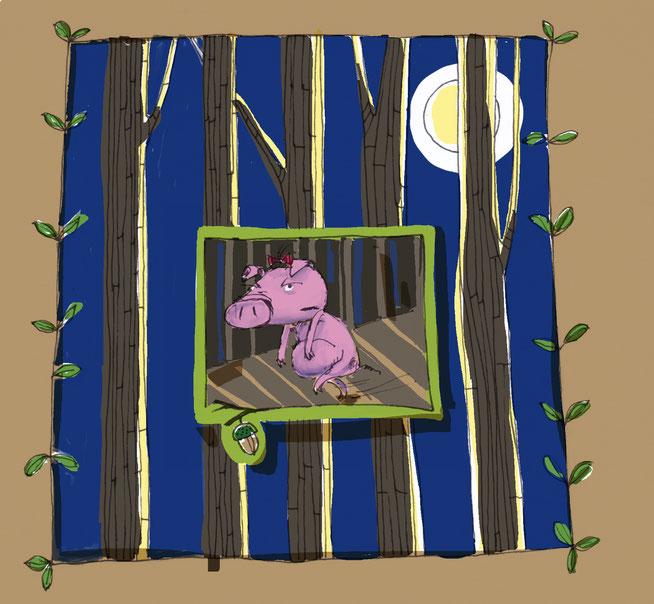 Missmutig stapft ein Schweinchen durch den finsteren Wald. Illustration. Kinderbuch.