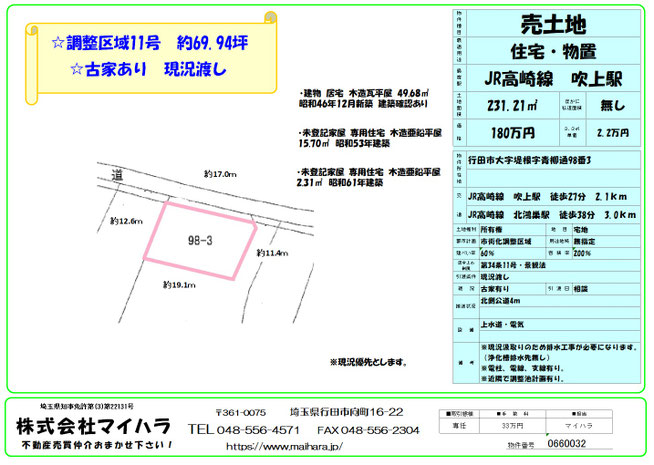 売り土地　行田市堤根　古家