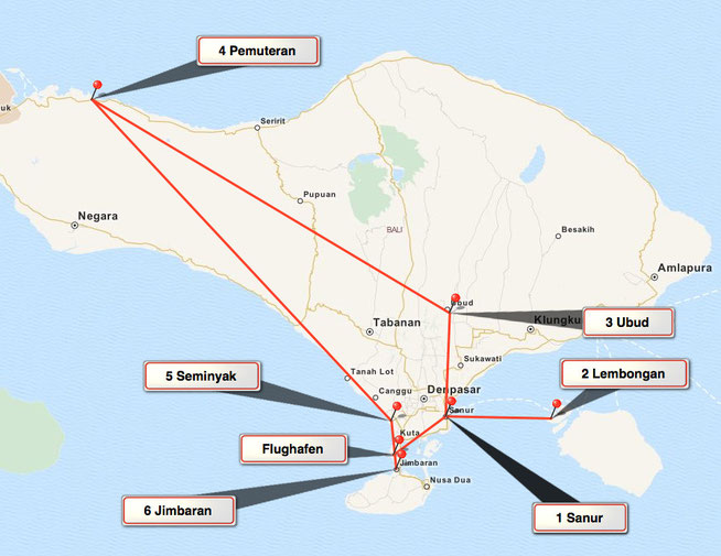 Bid: Karte von Bali mit den Übernachtungsorten