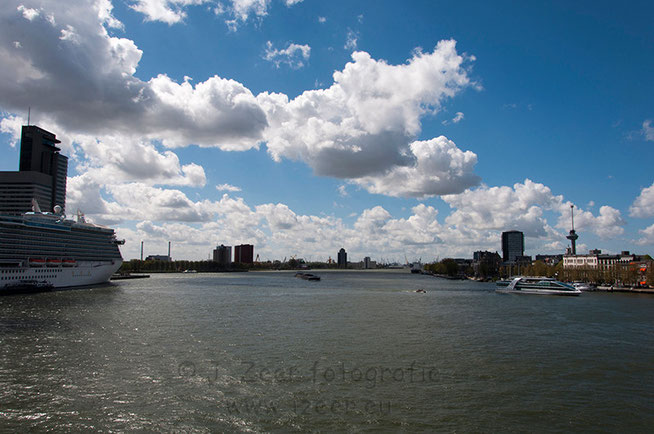 Op bijna elke locatie in Rotterdam kan je de haven of iets wat met de haven te maken heeft zien. Uiteraard ook vanaf de Erasmusbrug met op de voorgrond de cruiseterminal en in de verte de industrie met zijn hijskranen.