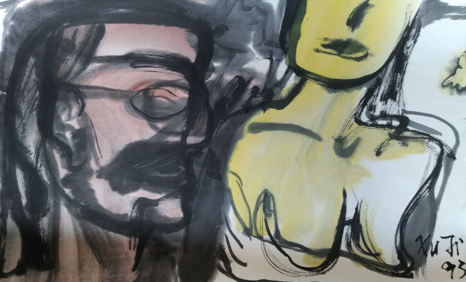 "THE COUPLE" BY JI XU (1963-2014 ) INK AND COLOURS ON PAPER 48X30CM PRICE 1,250.00€