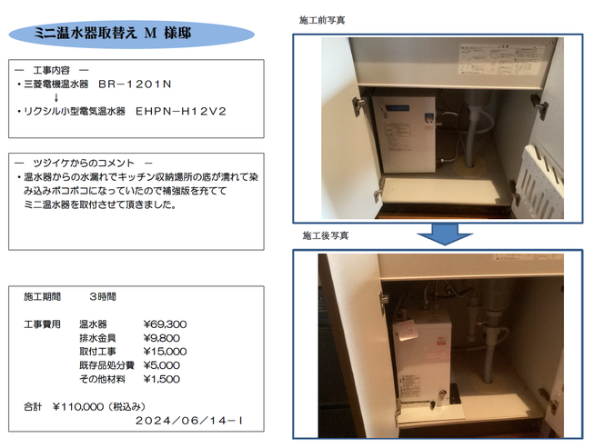 ミニ温水器取替え