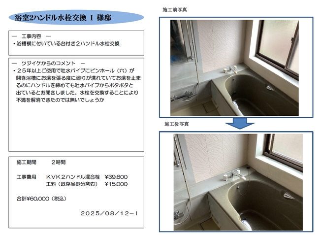 浴室2ﾊﾝﾄﾞﾙ混合栓取替え