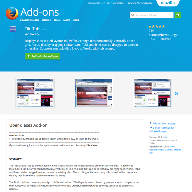 "Tile Tabs" in der Add-on-Sammlung von Firefox