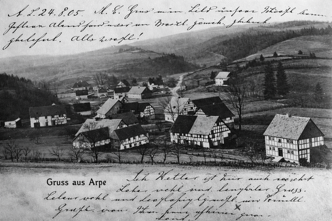Blick auf das Dorf Arpe um 1900: Postkarte vom 24.08.1905 mit Ortsansicht