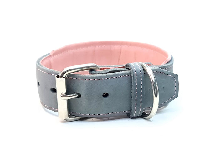 Hundehalsband Leder4 cm breit in grau mit Polsterung und Futter in rosa