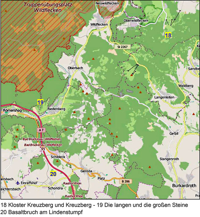 Die Lfd.-Nummern 16 und 17 (Teufelsmühle und Bauersberg) fanden hier keinen Platz mehr, sie sind dem Kärtchen im Teil 4 zu entnehmen (Quelle: openstreetmap, Lizenz CC-BY-SA 2.0).