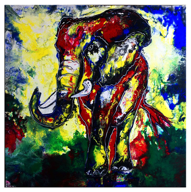 Wandbild Elefantenbulle handgemalt Acryl Malerei Pouring Gemälde handgemalt abstrakt 80x80
